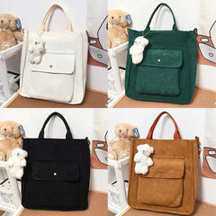Women's Corduroy Canvas Shoulder Bag Bear Ornaments Button Handbag
