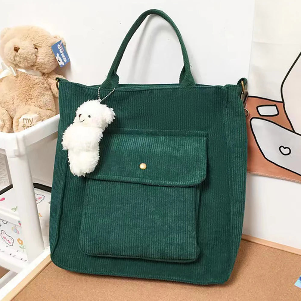Women's Corduroy Canvas Shoulder Bag Bear Ornaments Button Handbag