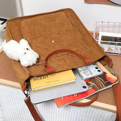 Women's Corduroy Canvas Shoulder Bag Bear Ornaments Button Handbag