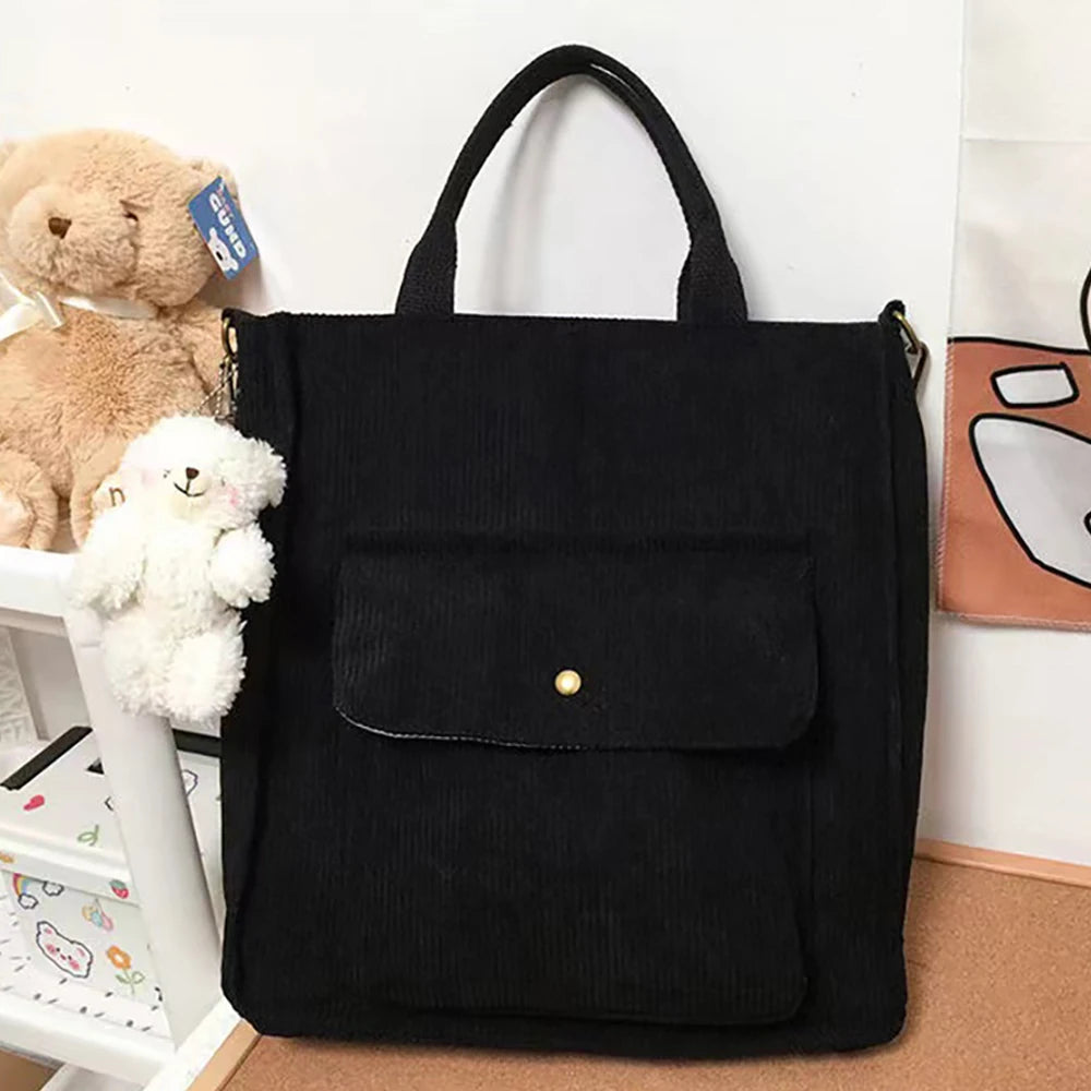 Women's Corduroy Canvas Shoulder Bag Bear Ornaments Button Handbag