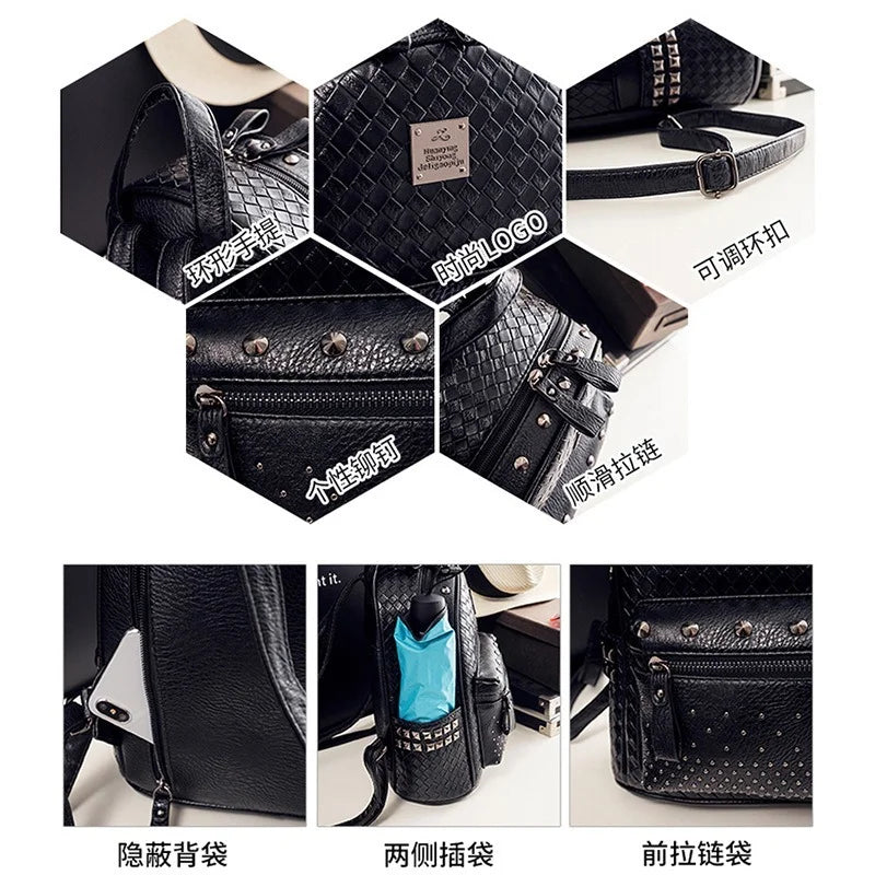 Women's PU Leather Woven Pattern Rivet Backpack