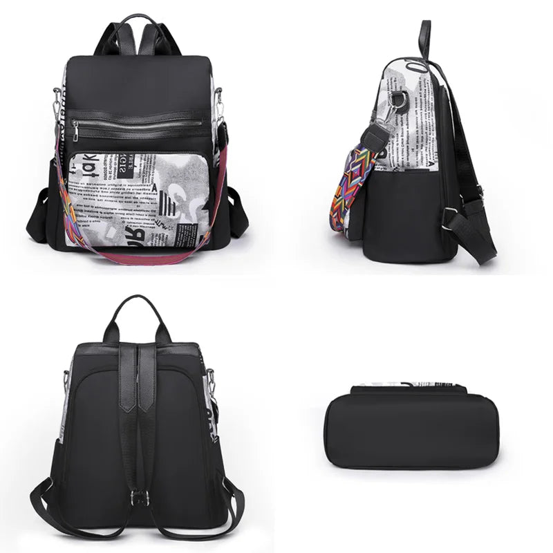 Women's Printed Nylon Oxford Backpack Large Capacity Shoulder Bags