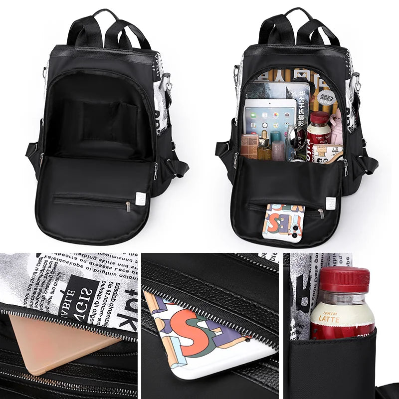 Women's Printed Nylon Oxford Backpack Casual Outdoor Safety Bag