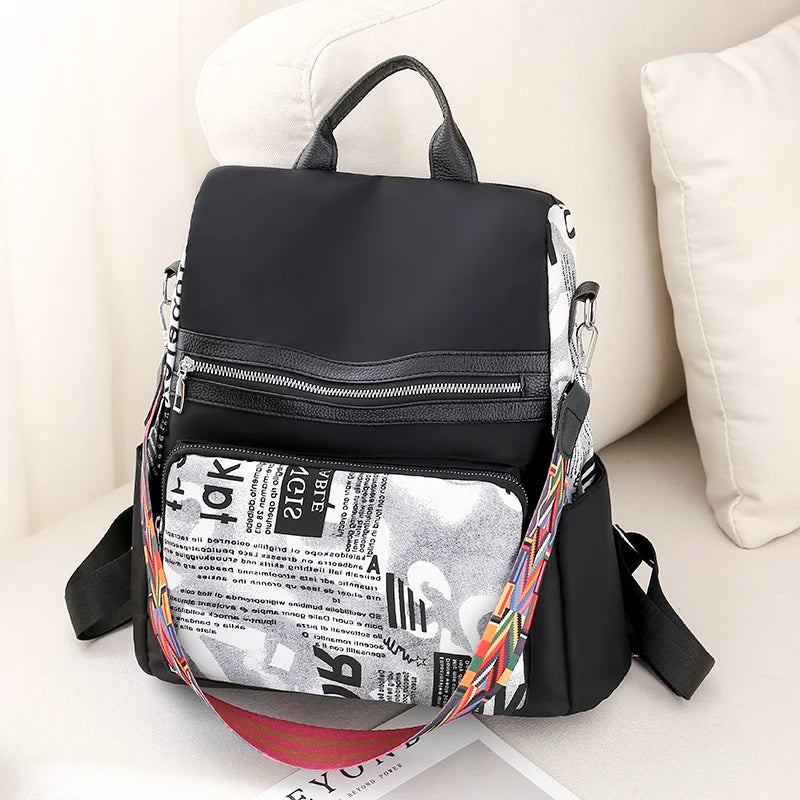 Women's Printed Nylon Oxford Backpack Casual Outdoor Safety Bag