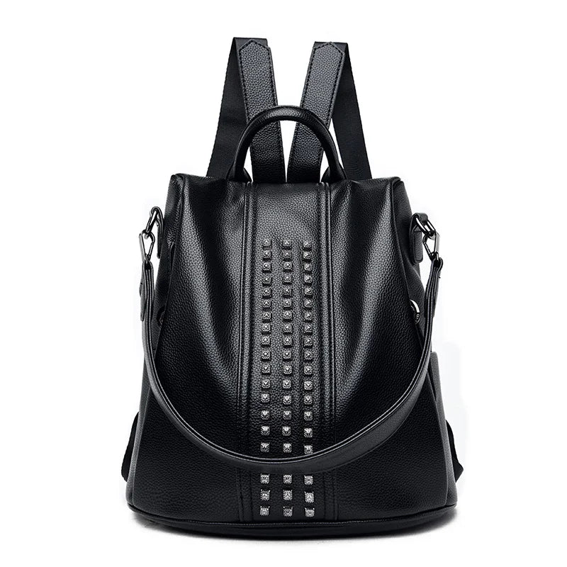 Women's Rivet Leather Backpack Female Shoulder Bag Anti-theft Travel Bag