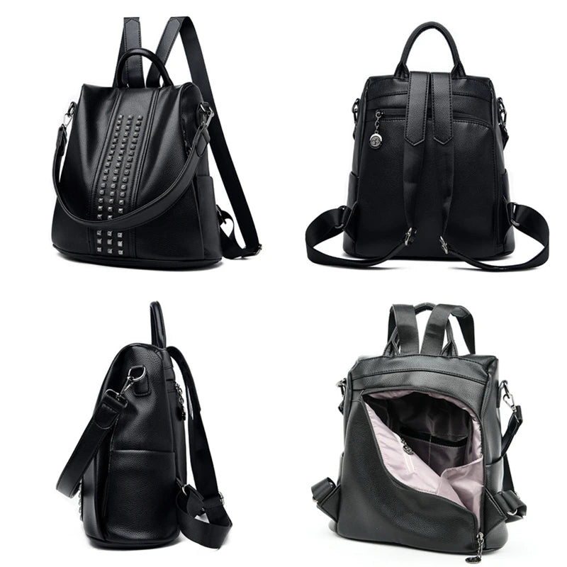 Women's Rivet Leather Backpack Female Shoulder Bag Anti-theft Travel Bag