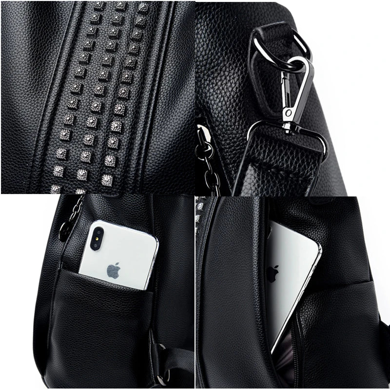Women's Rivet Leather Backpack Female Shoulder Bag Anti-theft Travel Bag