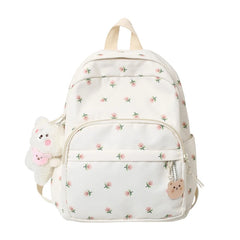 Women's Nylon Travel Bookbag with Floral Print and Bear Pendant