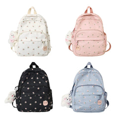 Women's Nylon Travel Bookbag with Floral Print and Bear Pendant
