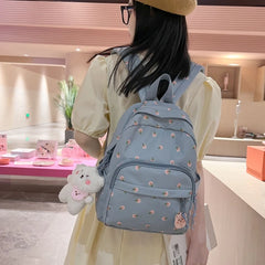 Women's Nylon Travel Bookbag with Floral Print and Bear Pendant