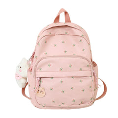 Women's Nylon Travel Bookbag with Floral Print and Bear Pendant