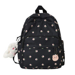 Women's Nylon Travel Bookbag with Floral Print and Bear Pendant