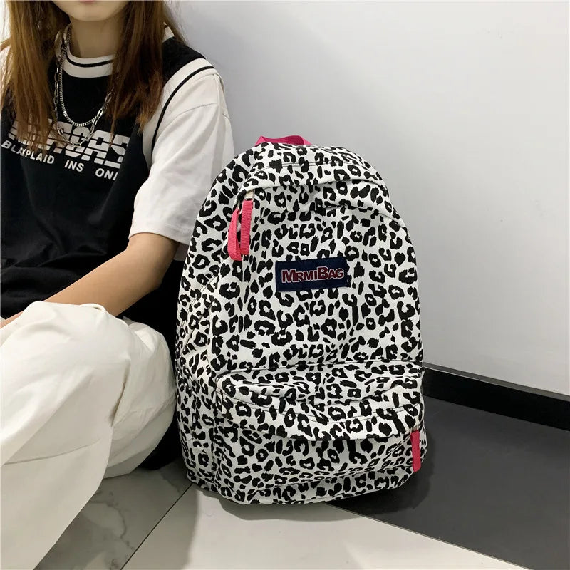 Leopard Pattern Canvas Women's Backpack School Bag Travel Female Schoolbag