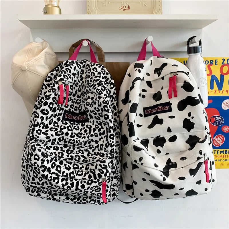 Leopard Pattern Canvas Women's Backpack School Bag Travel Female Schoolbag