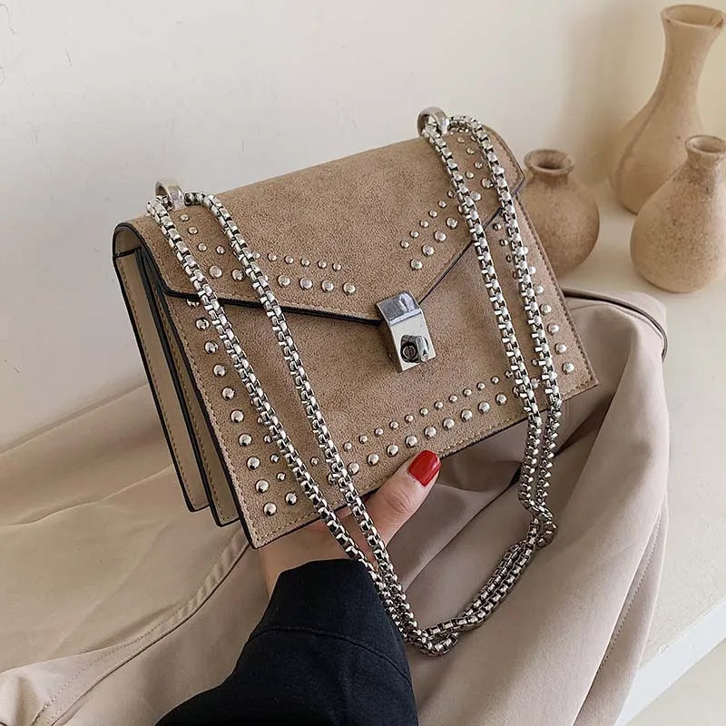 Women's Chain Rivets Crossbody Bag Retro Small Square Bag