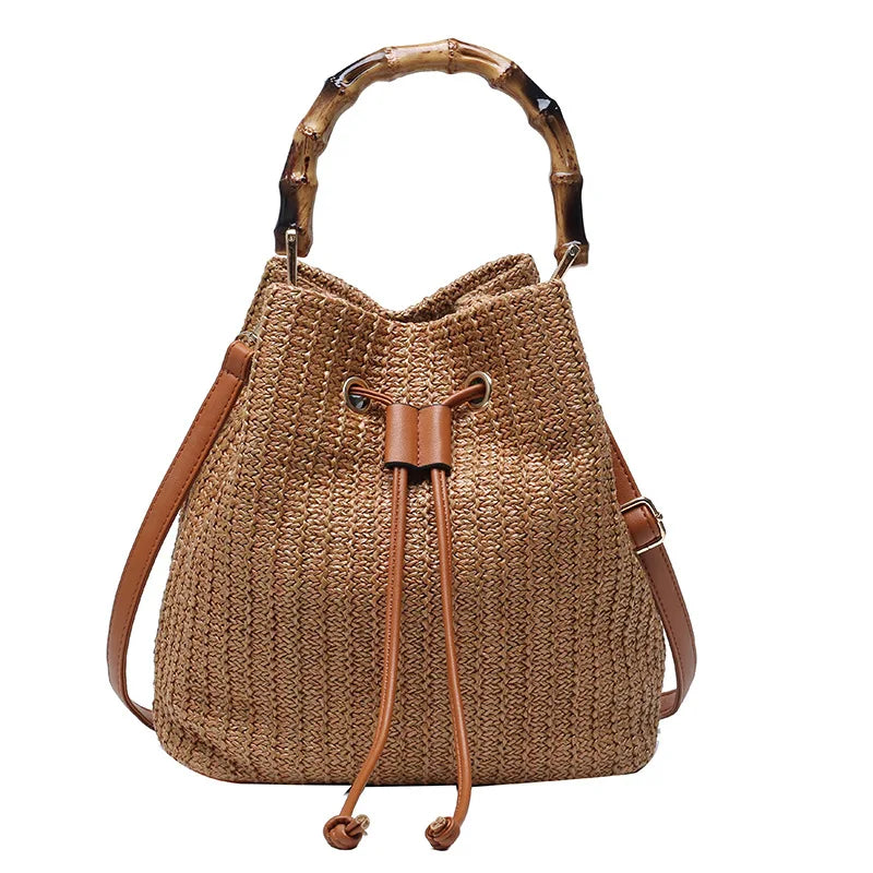 Bamboo Straw Woven Bucket Bag Drawstring All-match