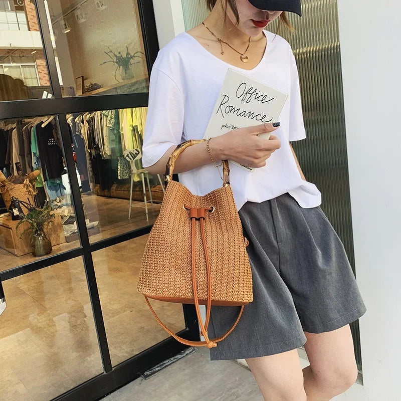 Bamboo Straw Woven Bucket Bag Drawstring All-match