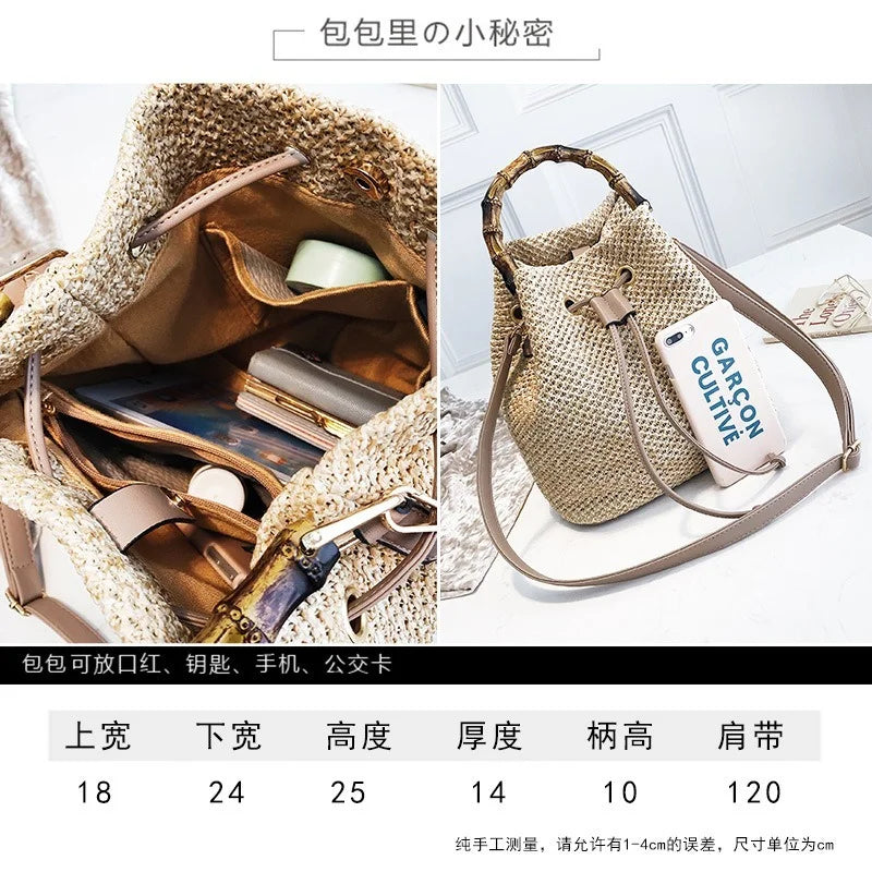 Bamboo Straw Woven Bucket Bag Drawstring All-match
