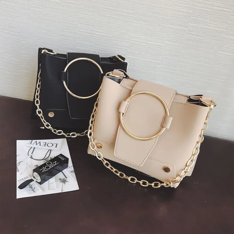 Women's PU Leather Shoulder Bag Chain Bucket Handbag Messenger Bag