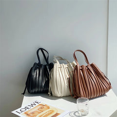Women's PU Leather Bucket Bag Striped Shoulder Bag Crossbody Bags