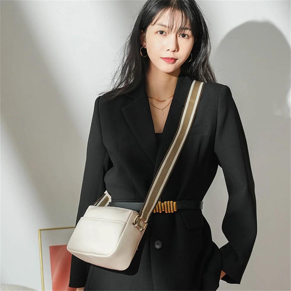 Women Crossbody Bags with Wide Fabric Strap - Leather Shoulder Bag