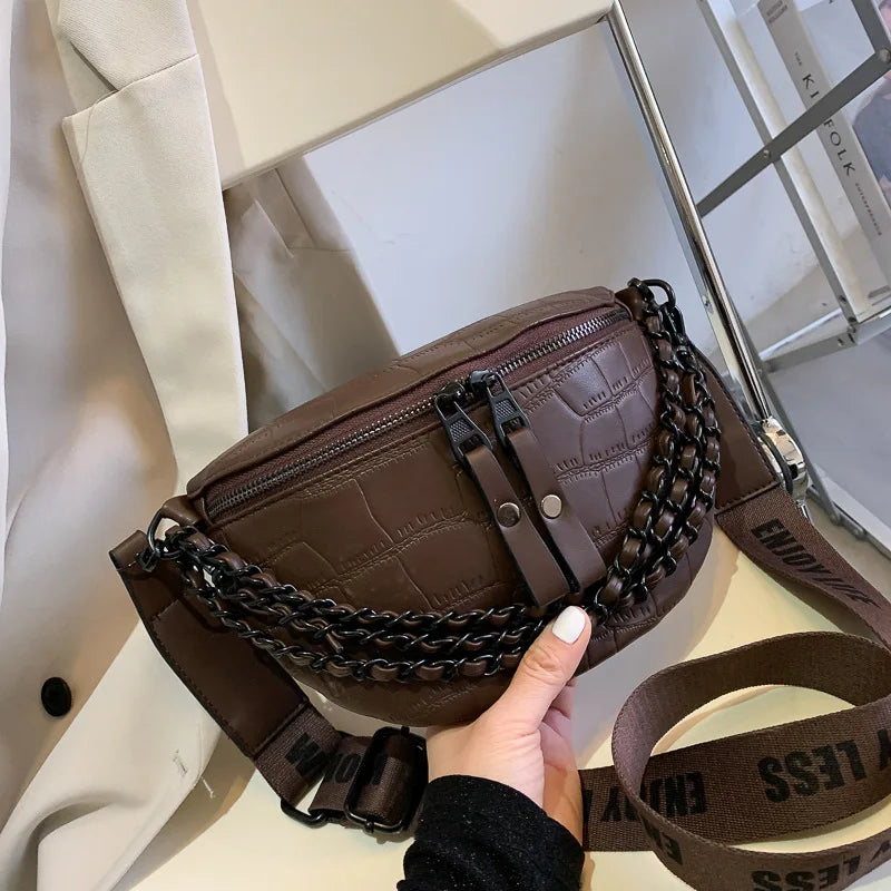 Women's Stone Pattern Chain PU Leather Fanny Pack Waist Bag
