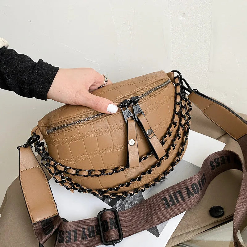 Women's Stone Pattern Chain PU Leather Fanny Pack Waist Bag