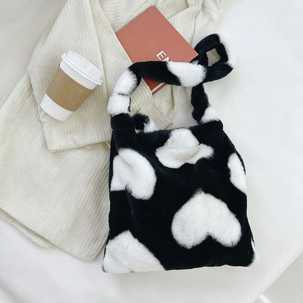 Women's Love Heart Plush Shoulder Bag Large Capacity Handbag