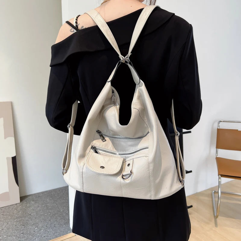 Women's PU Leather Shoulder Bag Anti-thief Backpack Large Capacity Handbag