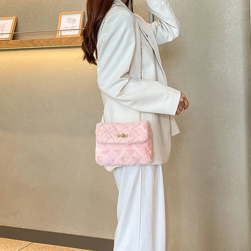 Women's Fleece Crossbody Messenger Bag with Chain Strip