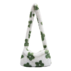 Flower Print Plush Shoulder Bag for Women Ladies Autumn Winter Small Purse
