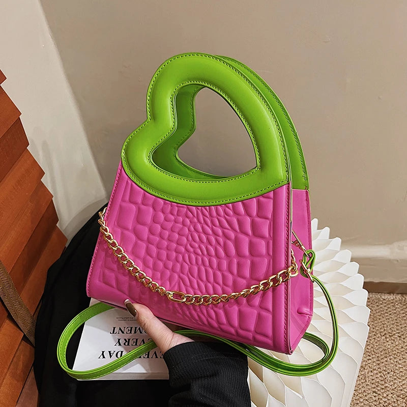 Heart Shape Top Handle Tote Bag Contrast Pu Leather Crossbody Small Handbag