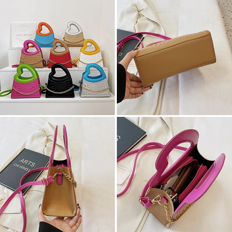 Heart Shape Top Handle Tote Bag Contrast Pu Leather Crossbody Small Handbag