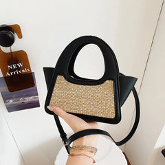 Women's Spliced Shoulder Bag Straw Handbag Rattan Trapeze Bag