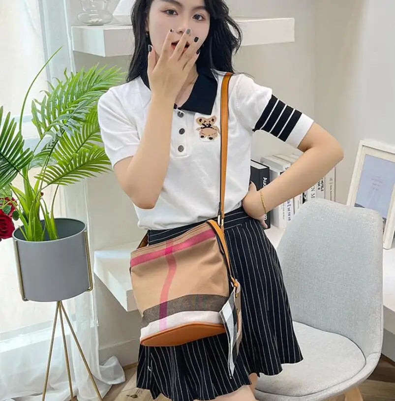Canvas Bucket Handbag Plaid Messenger Bag Women Shoulder Bags