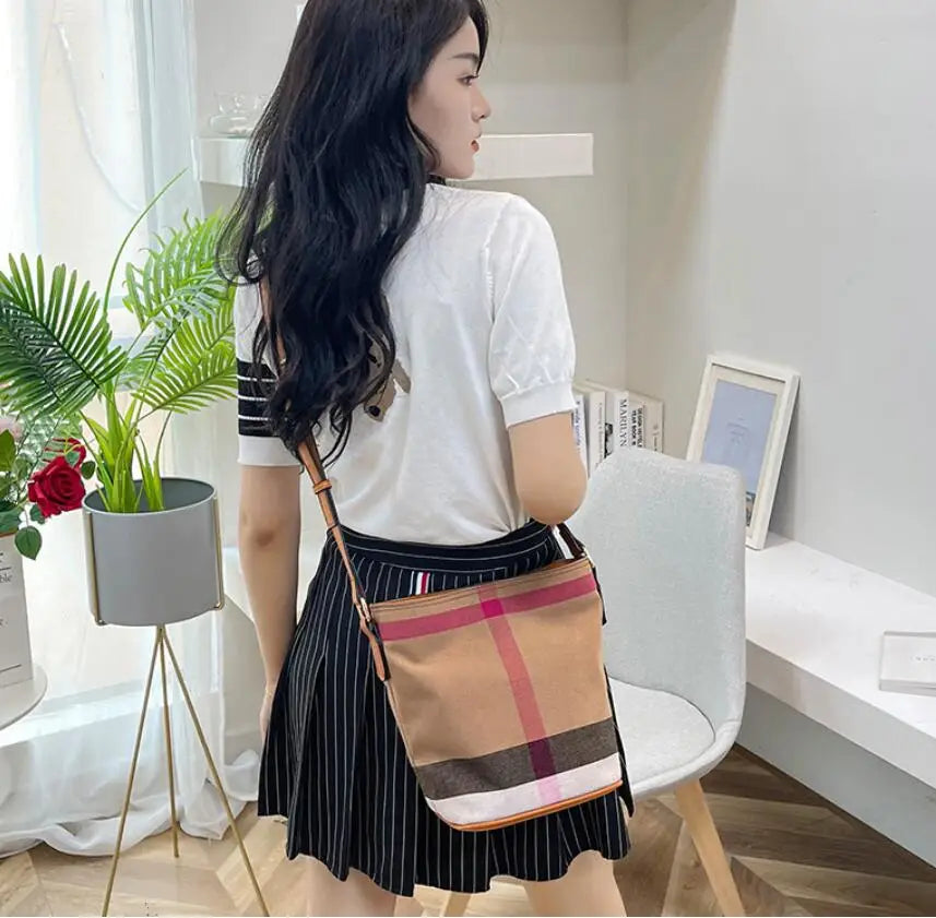Canvas Bucket Handbag Plaid Messenger Bag Women Shoulder Bags