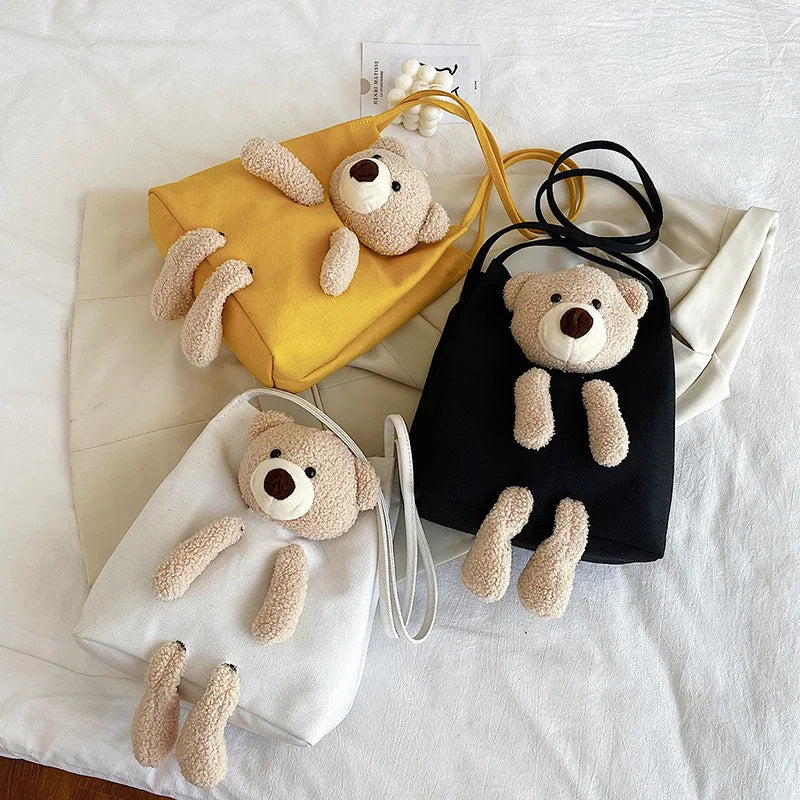 Canvas Bear Crossbody Tote Handbag Zipper Shoulder Bag for Women