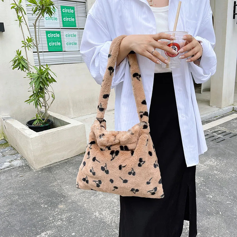 Plush Cherry Pattern Shoulder Bag, Retro Tote Handbag