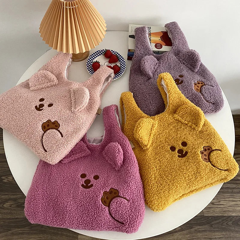 Soft Shopper Lamb Wool Bear Fabric Shoulder Bag Canvas Handbag