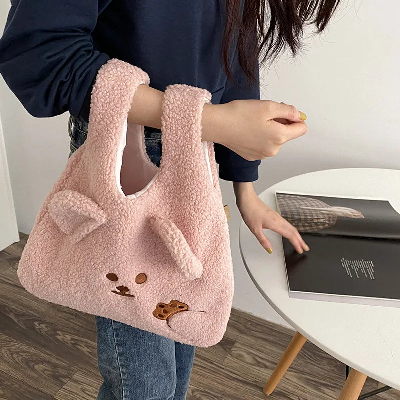 Soft Shopper Lamb Wool Bear Fabric Shoulder Bag Canvas Handbag