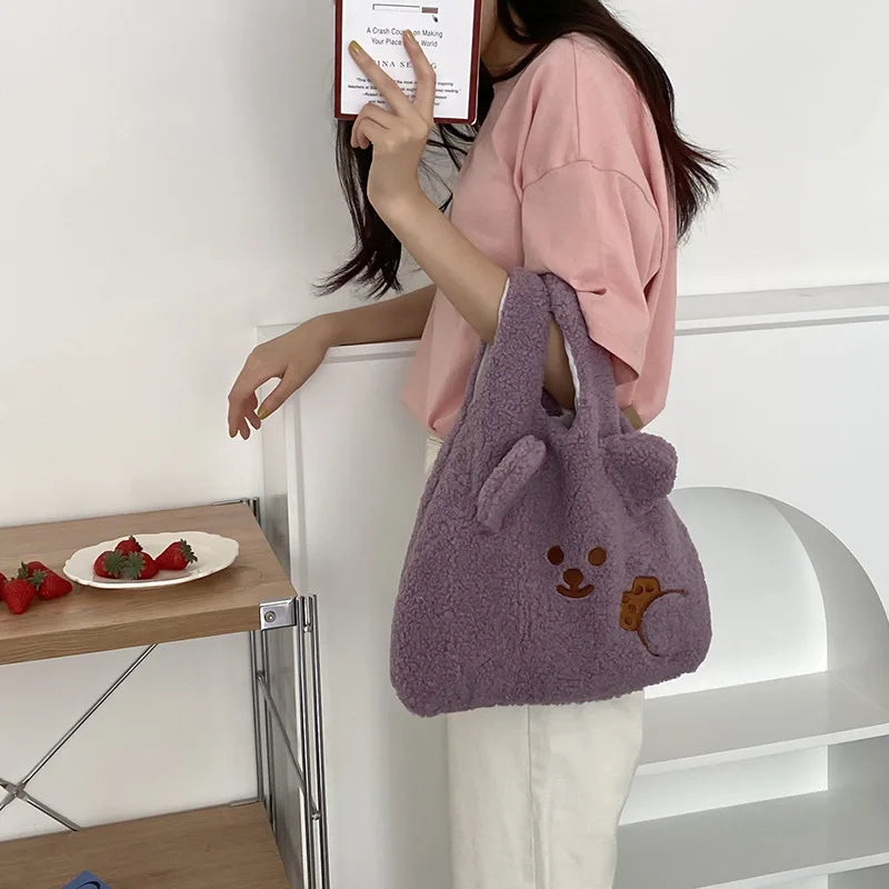 Soft Shopper Lamb Wool Bear Fabric Shoulder Bag Canvas Handbag