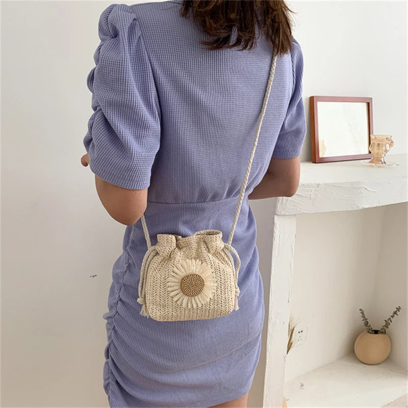 Women's Beach Straw Bag Sunflower Drawstring Bucket Crossbody Shoulder