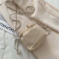 Women's Beach Straw Bag Sunflower Drawstring Bucket Crossbody Shoulder