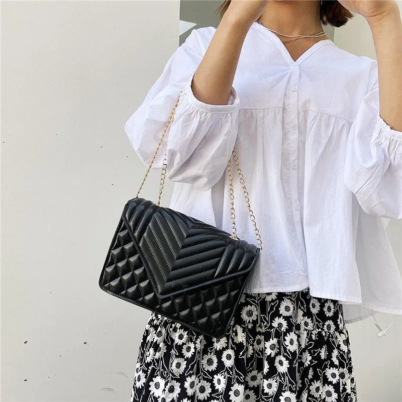 Women's Chain Shoulder Bag PU Leather Crossbody Handbag Lingge Flap Messenger