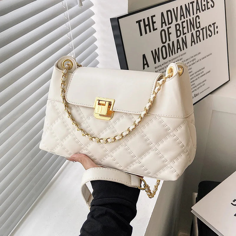Lingge Chain Shoulder Bag PU Leather Crossbody Handbag