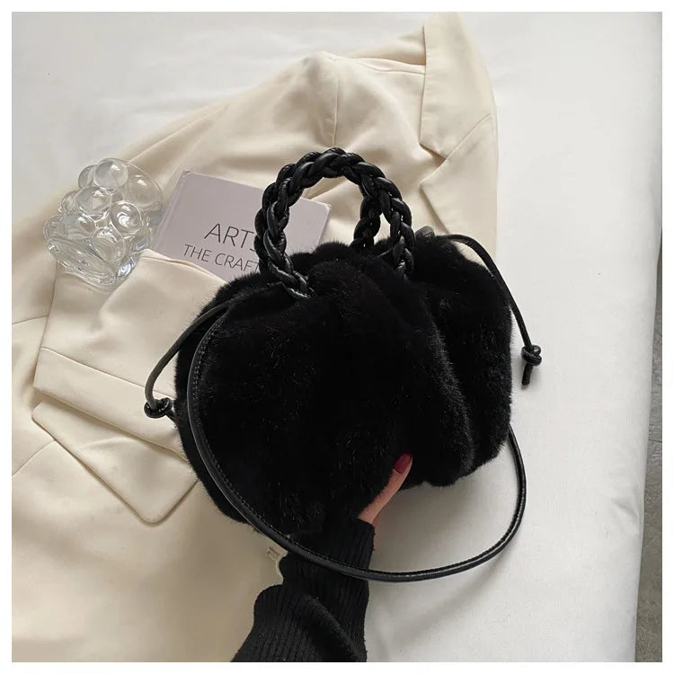 Winter Fluffy Tote Bag with Woven Carry Handle