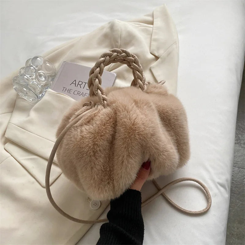 Winter Fluffy Tote Bag with Woven Carry Handle