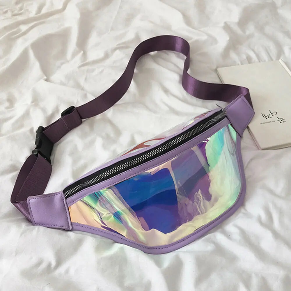 Laser Holographic Women's Belt Bag Transparent Zipper Closure