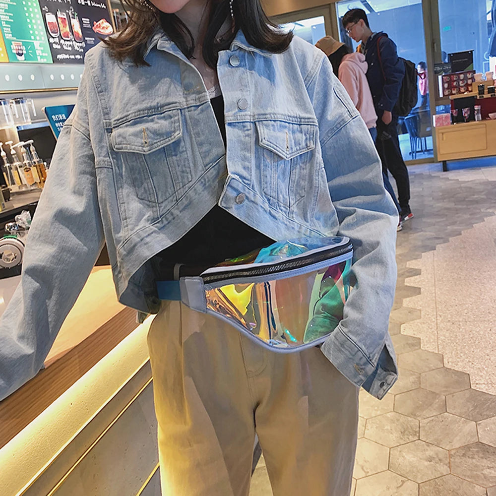 Laser Holographic Women's Belt Bag Transparent Zipper Closure