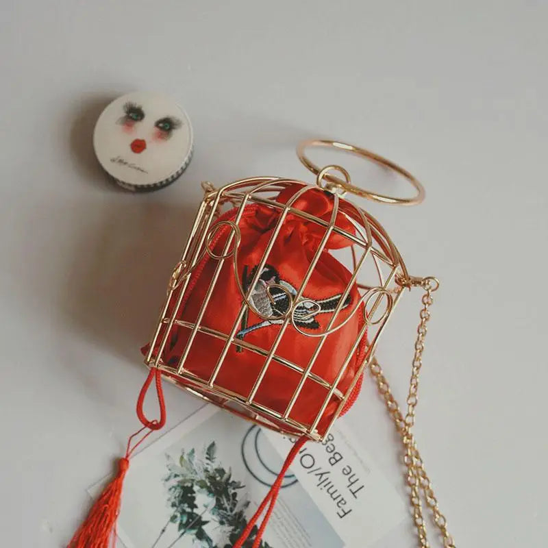 Women's Birdcage Evening Bag Metal Frame Embroidery Bucket Clutch